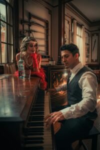 Elegant couple in 1920s attire with piano and liquor bottle