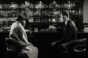 A cinematic, noir-style meeting in a dimly lit bar with a tense atmosphere.